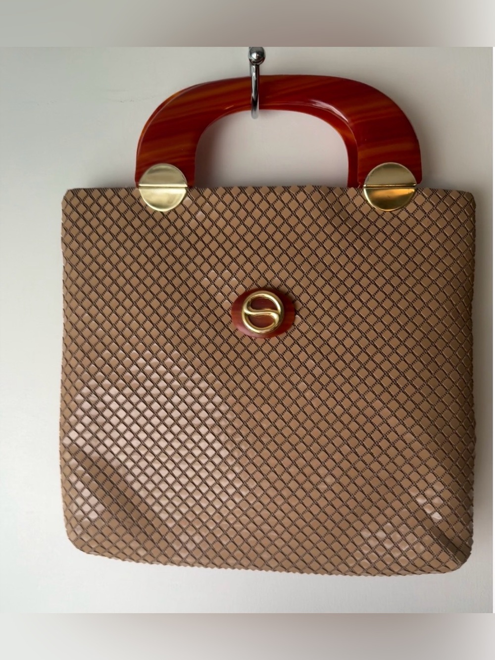 Vintage 60s Lumured Luma Warm Beige Mesh Handbag with Bakelite Handles